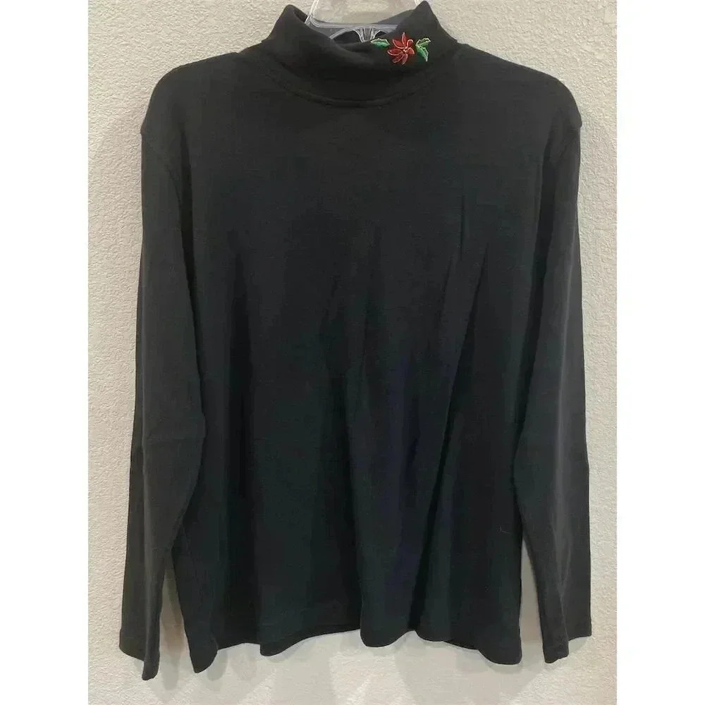 Women's Bobbie Brooks XL Black Mock Neck Long Sleeve top Embroidered Casual
